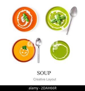 Flache Lay Zusammensetzung mit verschiedenen Suppen isoliert auf weißem Hintergrund. Kürbis, Spinat, Erbse und Tomaten spanischer Gazpacho Draufsicht Stockfoto