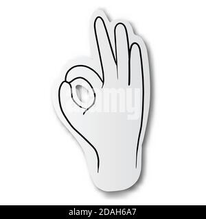 Schwarze Linie von Hand gezeichnet von OK Hand Zeichen auf Schnitt Papier mit Schatten auf weißem Hintergrund isoliert Stock Vektor