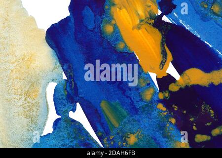 Handbemalter dunkelblauer und gelber Aquarellhintergrund. Aquarell Aquamarin. Stockfoto