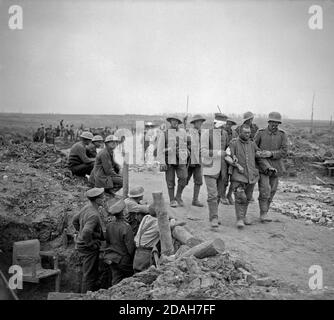 Die Schlacht an der Somme, Juli - November 1916 Schlacht von Guillemont. Britische gunners Beobachten deutsche Kriegsgefangene, Verwundete und sichtlich erschüttert, die nach der Einnahme von Guillemont. Schimpanse Tal, in der Nähe von Montauban. (Guillemont aufgenommen von 16 irischen Abteilung am 3. September 1916). Stockfoto