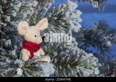 Weihnachten Spielzeug Maus, ein Symbol des chinesischen Neujahrs. In einem roten Strickschal im Profil sitzt auf verschneiten Kiefernästen. Leerzeichen für Text. Stockfoto