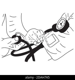 Arzt, der den arteriellen Blutdruck des Patienten überprüft. Gesundheitswesen. Von Hand gezeichnet Stock Vektor