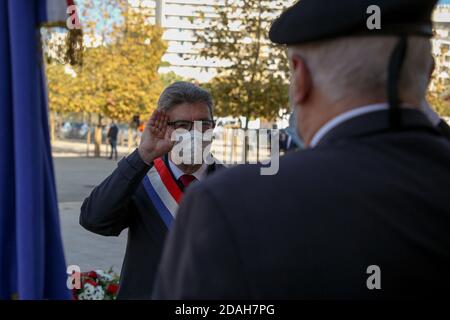 Marseille, Frankreich. November 2020. Jean-Luc Mélenchon, Vorsitzender der Partei "La France Insoumise (LFI)", die während des Gedenkens an den Waffenstillstand vom 11. November 1918 gesehen wurde. Kredit: SOPA Images Limited/Alamy Live Nachrichten Stockfoto