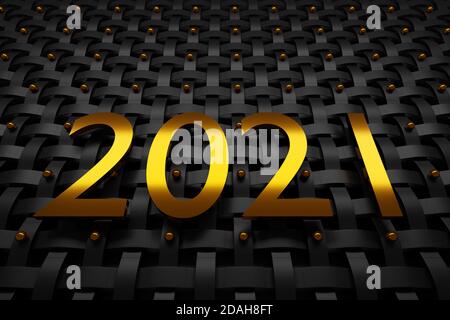 3d-Darstellung von Reihen aus silbernen Metallstreifen, Inschrift 2021 aus goldenen Neonlinien und Goldkugeln. Set von Quadraten auf Monocrome Hintergrund, Stockfoto