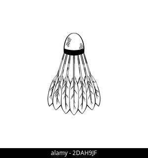 Konturskizze eines Federocks mit Schraffur auf weißem Hintergrund. Ausrüstung für Sportspiele. Vektorkonturenobjekt für Logos, Icons und Ihre des Stock Vektor