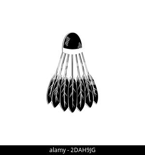 Konturskizze von schwarzer Silhouette Federball mit Schraffur auf weißem Hintergrund. Ausrüstung für Sportspiele. Vektor Umriss Objekt für Logos, ico Stock Vektor