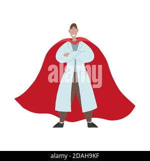 Doktor Infektionskrankheiten Superhero. Infectionist in einem weißen Mantel und roten Mantel auf weißem Hintergrund. Der moderne Held. Vektor-Cartoon-Charakter für c Stock Vektor
