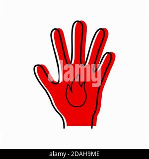 Brennen von Gliedmaßen. Kontur Silhouette der Hand mit Symbol Feuer und rote Silhouette auf weißem Hintergrund. Verbrennungsgefahr. Vektorobjekt für Symbole, Logos, Info Stock Vektor