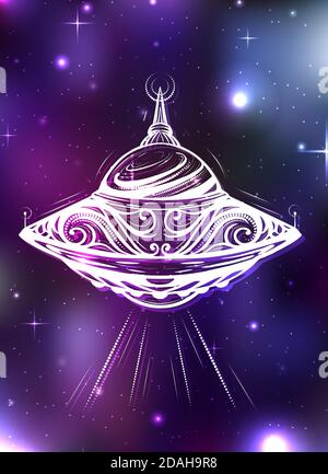 Unbekanntes fliegendes Objekt auf Weltraumhintergrund. UFO mit Dekoration und Tracery Muster auf Universum Hintergrund. Aliens und der erste Kontakt. Weiße Silhouette Stock Vektor