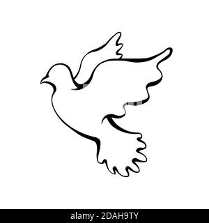 Kontur Silhouette einer fliegenden Taube auf weißem Hintergrund. Religiöses Symbol. Skizzieren Sie die Grafik für Logos, Icons und Ihre Kreativität. Stock Vektor
