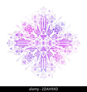 Geometrisches Mandala des Stammes. Weißes natives Ornament mit Neon-Wasserfarben-Spritzern. Mystisches Muster. Vektor Folk-Muster für Karten, Aufkleber, Scrapbooking Stock Vektor