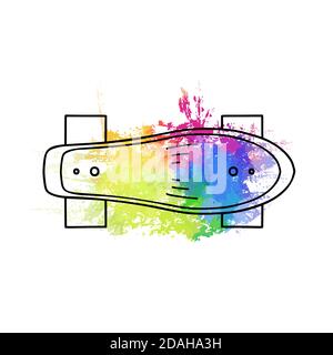 Skizzieren Illustration eines Skateboards Draufsicht mit Regenbogen Aquarell Grunge Strich. Aktiver Lebensstil. Sporthobby. Vektor Silhouette Objekt für Logo Stock Vektor