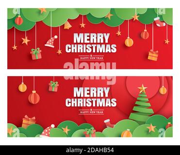 Frohe weihnachten und glückliches neues Jahr rote Grußkarte in Papierkunst Banner-Vorlage. Verwenden Sie für Header-Website, Cover, Flyer. Stock Vektor