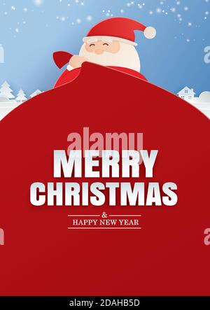 weihnachtsmann und eine riesige Geschenktüte mit fröhlicher weihnachtszeit und Glückwunschkarte für das neue Jahr. Für Banner, Poster, Cover und alle Medien. Stock Vektor