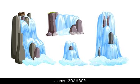 Wasserfall Kaskaden in Bergen für paradiesische Landschaften. Satz von Wasserfällen plätschern unten aus dem Fluss isoliert in weißem Hintergrund. Illustration Stock Vektor