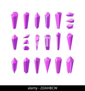 Rosafarbene Kristallsteine wie Amethyst-Quarz. Große Gruppe von Edelsteinen oder Glaskristallen. Vektorgrafik im Cartoon-Stil Stock Vektor