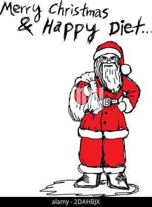 Illustration Vektor Doodle Hand gezeichnet von Skizze Santa Klausel mit dünnen Form Körper und Wording Frohe Weihnachten und glückliche Ernährung. Stock Vektor