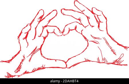 Illustration Vektor Hand gezeichnete Doodle Hand bilden eine Herzform, mit rotem Stift Stock Vektor