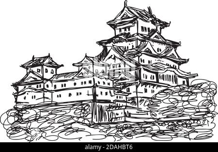 Illustration Vektor Doodle Hand gezeichnet von Skizze Himeji jo Burg, Japan, isoliert auf weiß Stock Vektor