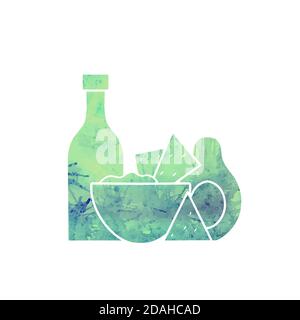 Mexikanisches Essen. Avocado Guacamole mit Nachos-Mais-Chips und würziger Sauce. Aquarell grüne Silhouette Illustration der nationalen Küche. Vektorkontur p Stock Vektor