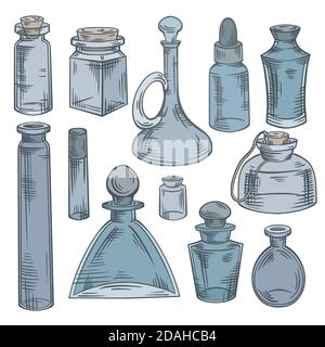 Konturskizze von Flaschen, Flaschen und Gläsern mit Schraffur. Behälter für Parfums und Medikamente. Natürliche Medizin. Tränke und Alchemie. Vektorgrafiken Stock Vektor