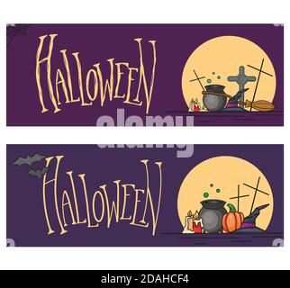 Set horizontaler Feiertagsbanner für Halloween mit Illustration und Schriftzug. Cartoon Hexenkessel, Hüte, Grabstein, Kürbisse auf dem Hintergrund Stock Vektor