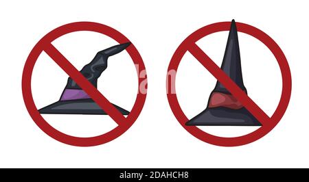 Satz Hexenhüte in Verbotszeichen. Verbot von Halloween. Verbot der Hexerei. Vector Feiertagsabzeichen für Etiketten, Logos, Banner und Ihre Designs Stock Vektor