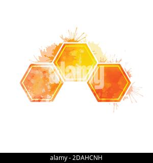 Gelbe Aquarell Wabe mit Spritzern auf weißem Hintergrund. Bienenstock und Wachs. Goldener warmer Honig. Vektorelement für Logos, Icons und Ihr Design Stock Vektor
