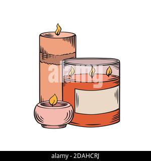 Entspannen Sie Kerzen. Bunte Skizze mit Schraffur. Verschiedene Wachskerzen mit Glas auf weißem Hintergrund. Vector Spa, Entspannung, Religion Elemente für Greeti Stock Vektor