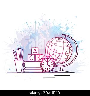 Zurück zur Schule. Konturdarstellung von Büchern, Globus, Uhren, Bürobedarf und Aquarellspritzern. Lerntabelle für den Studierenden. Klassen und studi Stock Vektor