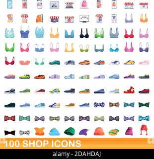 100 Shop Icons Set. Cartoon-Illustration von 100 Shop-Icons Vektor-Set isoliert auf weißem Hintergrund Stock Vektor