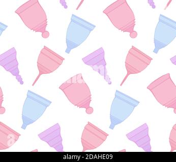 Nahtlose sanfte Muster mit bunten Umriss Menstruationsbecher auf weißem Hintergrund. Keine Abfallobjekte. Biologische Gesundheitsfürsorge. Vektorstruktur für Stoffe, Stock Vektor