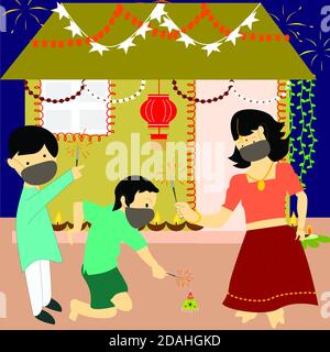 Indische Familie Menschen feiern Diwali Festival mit dem Tragen von medizinischen Gesichtsmaske aufgrund der Situation des Coronavirus, covid-19. Stockfoto