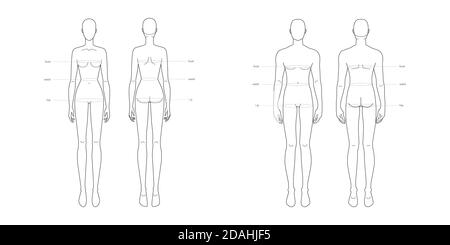 Männer und Frauen Standard Körperteile Terminologie Messungen Illustration für Kleidung und Accessoires Produktion Mode 9 Kopf männlich und weiblich Größentabelle. Vorlage für Infografik zum menschlichen Körper Stock Vektor