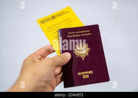 Taiwan. November 2020. In dieser Abbildung hält die Hand einer Person eine Impfkarte der Weltgesundheitsorganisation und einen französischen Pass. Kredit: Walid Berrazeg/SOPA Images/ZUMA Wire/Alamy Live Nachrichten Stockfoto