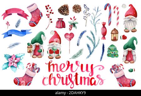 Eine Reihe von Elementen zum Thema Weihnachten. Weihnachtsgnome, Weihnachtsbaum, Zapfen, Beeren, etc. Aquarell-Illustrationen Stockfoto