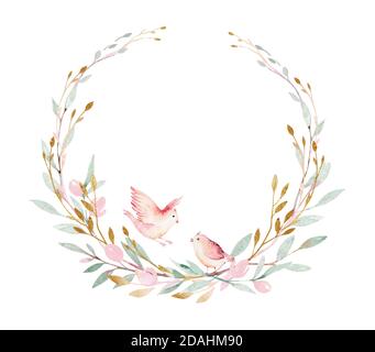 Frühlingsvogel auf blühenden Zweig mit grünen Blättern und Blumen Kranz. Aquarell Hochzeit Einladung Karte Blüte Gemälde. Handgezeichneter rosa Kranz Stockfoto