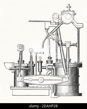 Eine alte Gravur von Napiers direkter Dampfmaschine. Es ist aus einem viktorianischen Maschinenbaubuch der 1880er Jahre. Direkte Aktion bedeutet, dass die Kraft über die Kolbenstange und/oder Pleuelstange auf die Kurbelwelle gelenkt wurde. Direkt wirkende Motoren hatten den Vorteil, dass sie kleiner und weniger schwer als Balken- oder Seitenhebelmotoren waren, aber sie waren anfälliger für Verschleiß und erforderten daher mehr Wartung. Robert Napier (1791–1876) war ein schottischer Marineingenieur. Aus seinen Arbeiten in Govan, Glasgow, Schottland, Großbritannien, baute Napier Schiffsmotoren. Stockfoto