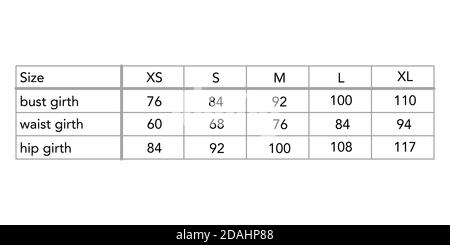 Frauen Standard Körpermaße für verschiedene Land, Stil Mode Dame Größentabelle für Website, Produktion und Online-Bekleidungsgeschäft. S, M, L, XL, US, UK, EU, Französisch, Italien, Japan, aus, Brust, Taille, Hüfte Stock Vektor