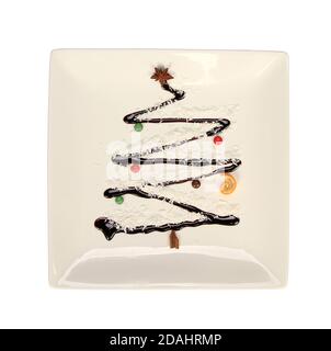 Draufsicht auf einen Weihnachtsbaum aus Schokolade Sirup Stockfoto
