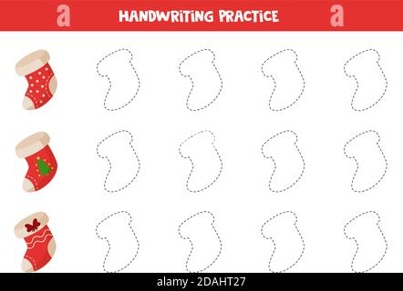 Tracing Linien mit Cartoon Weihnachten Socken. Übung zu Schreibfertigkeiten. Stock Vektor