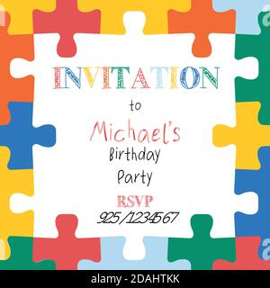 Puzzle Stücke Rahmen. Quadratische Vorlage für die Einladung von Kindern. Handgezeichnete Vektor-Illustration für Kinder Dekor, Kids Party Einladung, Geburtstagseinladung Stock Vektor
