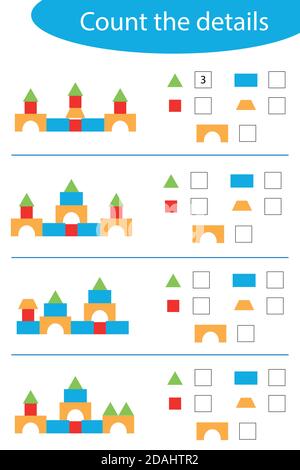 Zählen Sie die Details, bunte geometrische Formen für Kinder, Spaß Bildung Spiel für Kinder, Vorschule Arbeitsblatt Aktivität, Aufgabe für die Entwicklung von Stock Vektor