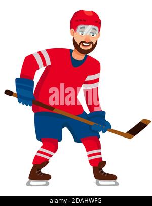 Hockeyspieler in Angriffsposition. Männliche Person im Cartoon-Stil. Stock Vektor