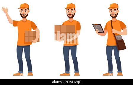 Kurier in verschiedenen Posen. Männliche Person im Cartoon-Stil. Stock Vektor