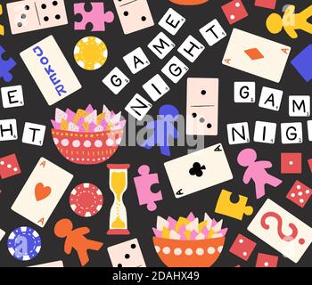 Game Night nahtlose Muster. Brettspiele Wiederholung Hintergrund. Handgezeichnete Illustration von Pokerchips, Spielkarten, Würfel, Puzzleteile. Für Kinder Stockfoto