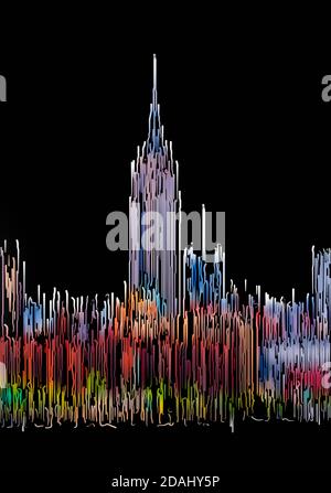 Abstrakt Manhattan in New York City. Skyline von Midtown Manhattan mit Empire State Building, gemalt durch Farblinien auf schwarzem Hintergrund Stockfoto