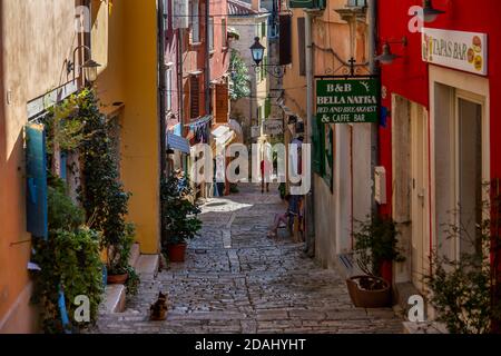 Blick auf bunte Gebäude und gepflasterte Straße in der Altstadt, Rovinj, Istrien, Kroatien, Adria, Europa Stockfoto