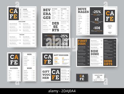 Set von schwarz-weiß Vektor-Menü für Restaurant mit orangenen Design-Elementen. Vorlagen sind Standard A4-Größe, Gutschein, Visitenkarte, Tri-fold und DL Stock Vektor