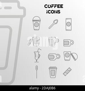 Design von linearen Symbolen auf das Thema Kaffee. Ein Set aus Tassen, Löffeln, Gläsern. Vektorgrafik Stock Vektor